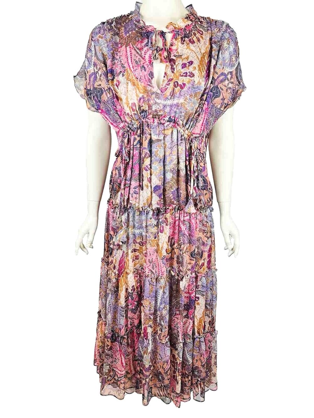 Misa Dress Women's XS Floral Pink Ilya Midi Chiffon Ruffles Layered Cinched $465